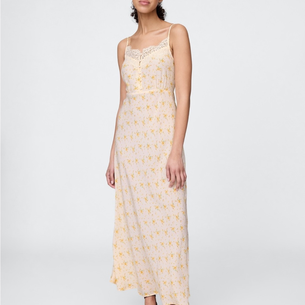 GAP Crepe Lace-Trim Sweetheart Cream & Yellow Floral Slip Maxi Dress NWT
